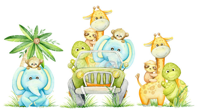 Elephant, giraffe, sloth, turtle, monkey, riding on an SUV. Tropical animals, in cartoon style. Watercolor a set of cliparts, on an isolated background.