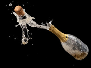 Champagne bottle pops out and splash on black background