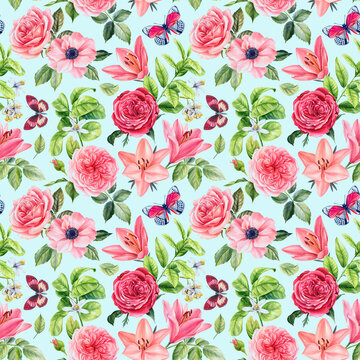 Bright vintage seamless background pattern. Rose, anemones, lilies with butterfly. hand drawn watercolor