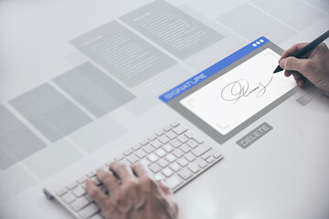 Businessman handwritten electronic signature, virtual display. Sign contract and business agreement.