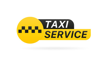 Taxi service badge. Taxi sign. Yellow sticker of taxi calling service. 24 hour service. Vector illustration - obrazy, fototapety, plakaty