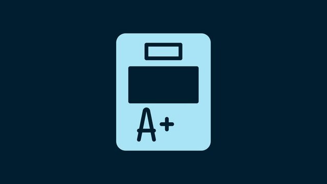 White Exam sheet with A plus grade icon isolated on blue background. Test paper, exam, or survey concept. School test or exam. 4K Video motion graphic animation