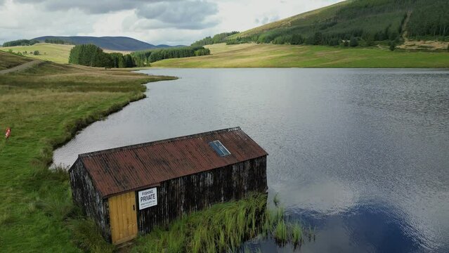Aerial view of Loch Shandra in Angus, Scotland