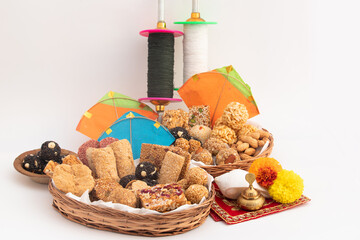 Indian Winter Delicacy viz. Tilgul, Til Mithai, Gajak, Chikki, Tilkut, Patang, Firki And Peanuts. Harvest Festival Makar Sankranti, Lohri, Uttarayan, Maghi, Poush Sankranthi Or Magh Bihu Theme