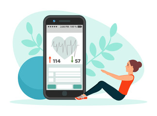 Young woman doing sports using workout app on smartphone, online cardio training program. Healthy active lifestyle concept cartoon vector