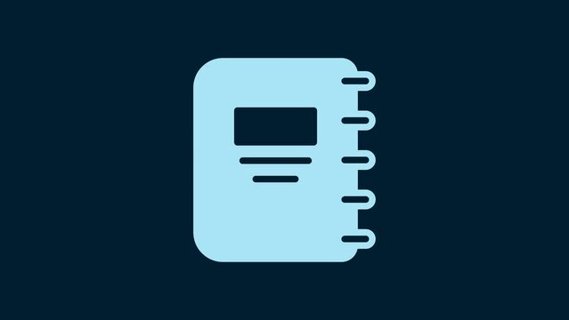 White Notebook icon isolated on blue background. Spiral notepad icon. School notebook. Writing pad. Diary for school. 4K Video motion graphic animation