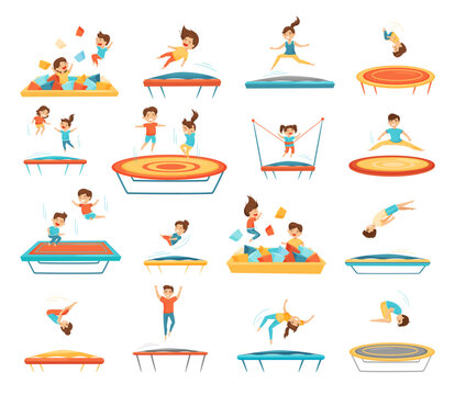 Cute kids jumping on trampolines set. Happy children bouncing on trampoline, active entertainment cartoon vector