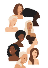 Isolated vector illustration of abstract women with different skin colors. Struggle for freedom, independence, equality. Concept for International Womens Day and other