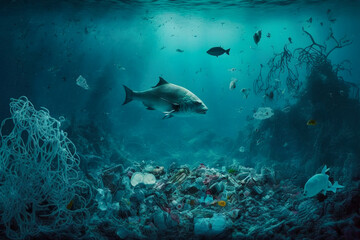 Fototapeta na wymiar Umweltverschmutzung durch Plastikmüll im Meer. Gefahr für die Meeresbewohner