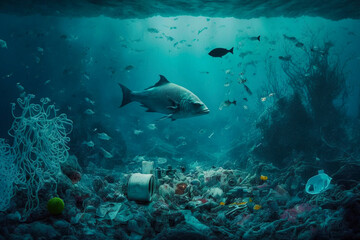 Fototapeta na wymiar Umweltverschmutzung durch Plastikmüll im Meer. Gefahr für die Meeresbewohner