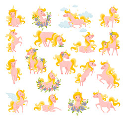 Set pf cute pink unicorn with golden mane. Stickers, prints, poster, wallpaper, textile, apparel, nursery creative decor cartoon vector