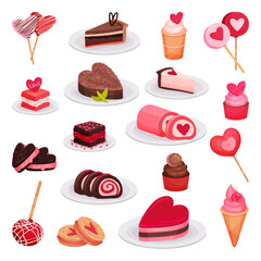 Set of delicious sweets and desserts for Valentine Day or romantic event cartoon vector illustration - obrazy, fototapety, plakaty