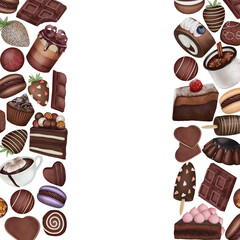 Borders of aesthetic chocolate cakes, candies and sweets, hand drawn illustration on white background; flyer, poster, menu background