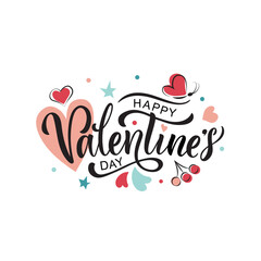 Happy Valentine's Day handwritten text. Hand lettering typography, modern brush ink calligraphy with romantic symbols. Vector colorful illustration. Concept for greeting card, banner, poster, print