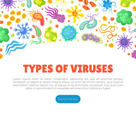 Fototapeta na wymiar Types of viruses web banner. Microbiology and virology microscopic pathogens, cell illness and microorganisms landing page, website cartoon vector