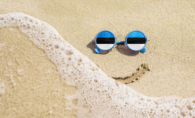 Fototapeta na wymiar Sunglasses with flag of Estonia on a sandy beach. Nearby is a sea lightning and a painted smile. Travel and vacation concept for Estonians