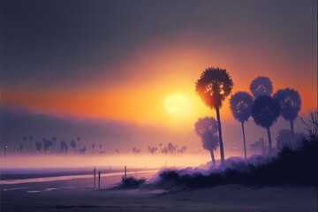 a painting of a sunset with palm trees in the foreground and a foggy beach in the background with a city in the distance and a foggy sky with a few clouds and a few.