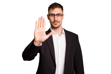 Young caucasian business man cutout isolated standing with outstretched hand showing stop sign, preventing you.