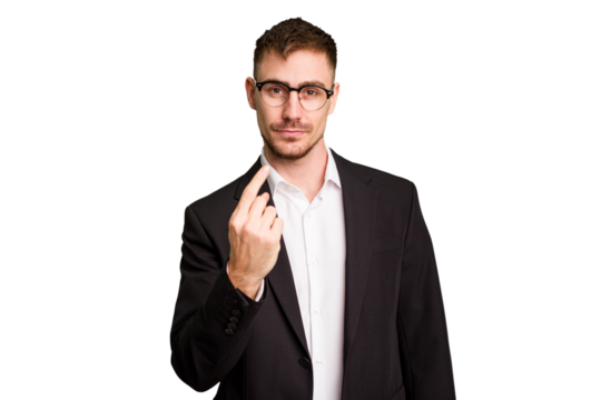 Young caucasian business man cutout isolated pointing with finger at you as if inviting come closer.