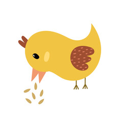 Cute bird pecking grain print in childish style. Funny cartoon chick eating seeds for baby and kids design. Vector illustration