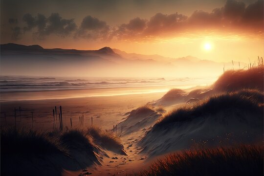 a painting of a sunset on a beach with a path leading to the ocean and a fence in the sand to the right of the picture is a distant mountain range in the distance,.