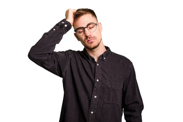 Young caucasian man cut out isolated tired and very sleepy keeping hand on head.