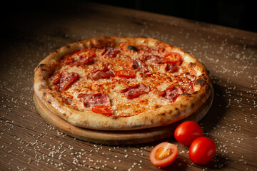 delicious pizza with chicken and cherry tomatoes, sprinkled with sesame seeds