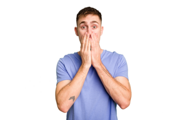Young caucasian man cut out isolated shocked covering mouth with hands.