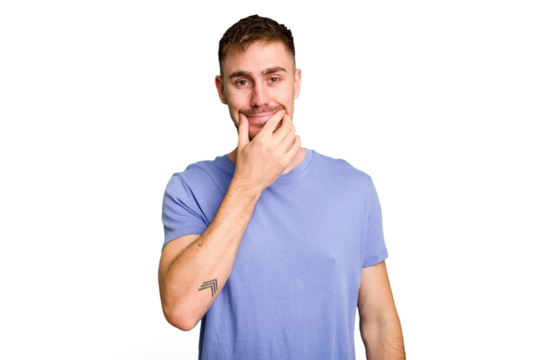 Young caucasian man cut out isolated doubting between two options.