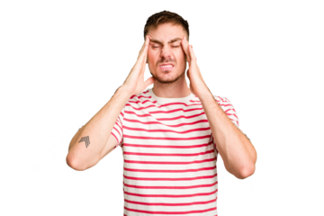 Young caucasian man cut out isolated touching temples and having headache.