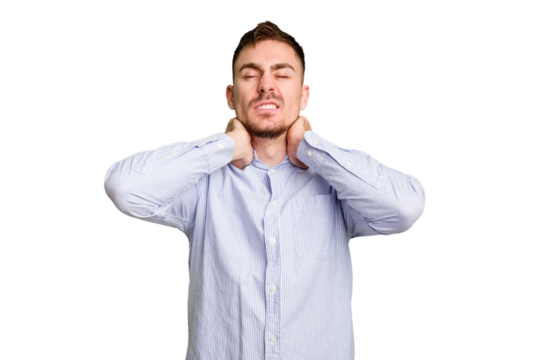 Young caucasian man cut out isolated touching back of head, thinking and making a choice.