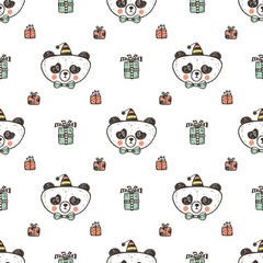Birthday Vector Seamless pattern with Cute Baby Panda. Endless wallpaper with Pandas, gifts. Hand Drawn Doodle Funny Black and White Bear. Background for kids