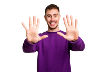 Young caucasian man cut out isolated showing number ten with hands.