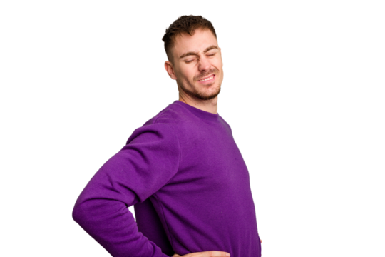 Young caucasian man cut out isolated suffering a back pain.