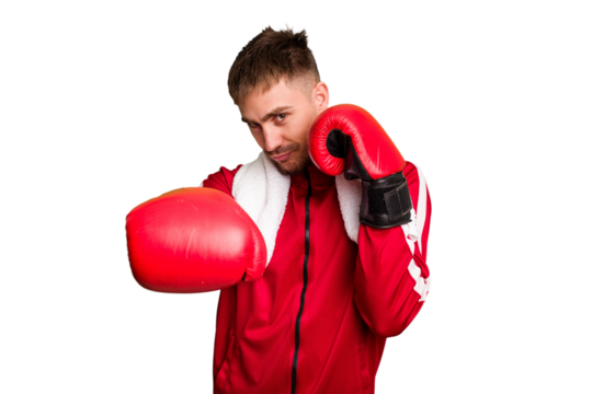 Young caucasian man practicing boxing cut out isolated
