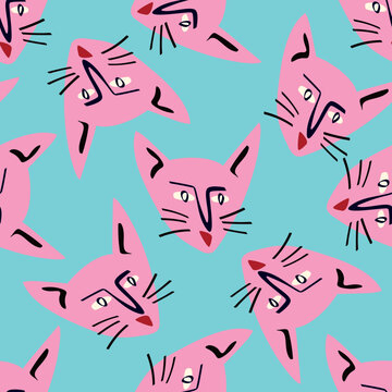Pattern with Funky cat with a lovely face. Freaky comic cat face. Bizarre Valentine's Day pattern