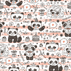 Cute Baby Pandas Vector Seamless pattern. Hand Drawn Doodle Funny Black and White Bamboo Bears. Background for kids.