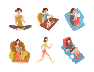 Set of young women performing leisure activities and doing hobbies. Girl reading fortunes on cards, embroidering, resting, knitting, doing sports cartoon vector