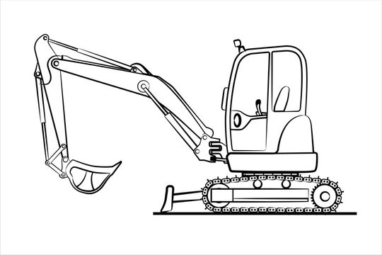 A drawn line of hydraulic mini excavator for earthmoving, construction machinery. Light  backhoe construction machines. Abstract Earth mover, digger. Crawler excavator line icon. Vector eps 10