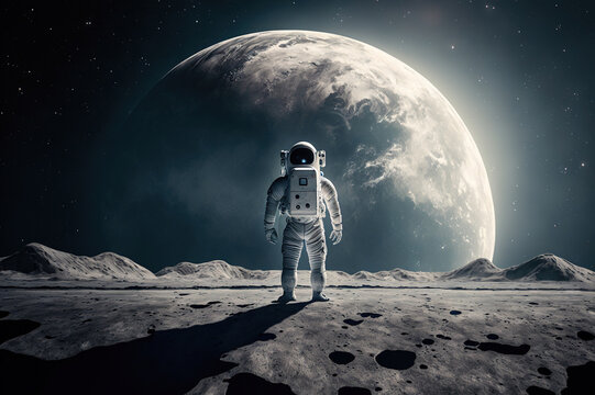 Astronaut on the moon planet Earth in the background. Generative AI.