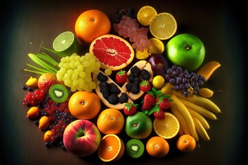 a bunch of different fruits are arranged in a circle on a table top, including oranges, grapes, apples, and bananas, and a grapefruits, and a lime.