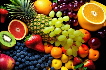 a bunch of different fruits are arranged together on a table top, including grapes, oranges, apples, and grapes, and grapes, and a pineapples, and a kiwi.