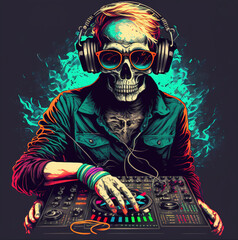 dj skull  with headphones and mixer console