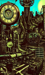 Generative AI, weidcore based vivid impact images depicting steampunk and clockpunk retro styled sci fi scenes 
