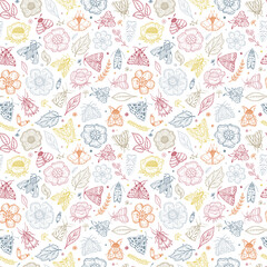 Vector Seamless Pattern with Night Butterflies and Plants. Vintage Floral Background. Hand Drawn Moths, Flowers, Leaves, Sprigs, Seeds