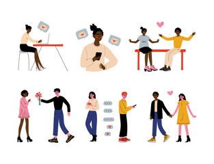 Fototapeta premium Men and women chatting online on their smartphones and computers set. People sending messages to each other. Social media network, online communication cartoon vector