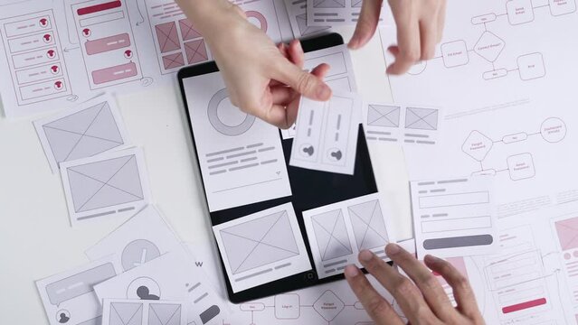 Brainstorm planning creative teamwork, Close up of hands mobile phone app developer team meeting about screen display prototype layout for smartphone, ui, ux concept