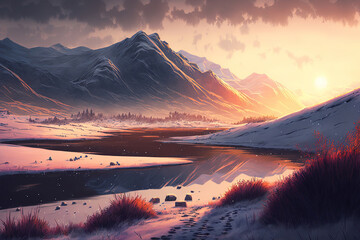 Beautiful winter landscape with mountains and river. Generative AI.