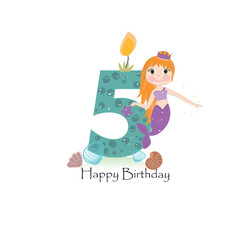 Cute little mermaid fifth birthday card five candle and marine life