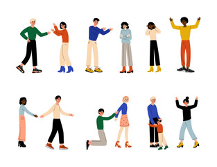 Arguing people set. Couples quarreling at yelling at each other. Violence, relationship problems, divorce cartoon vector illustration